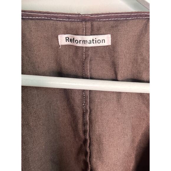 Reformation 100% Linen Puff Sleeve Tie Front Crop Blouse Brown Women's Size S - Picture 3 of 7